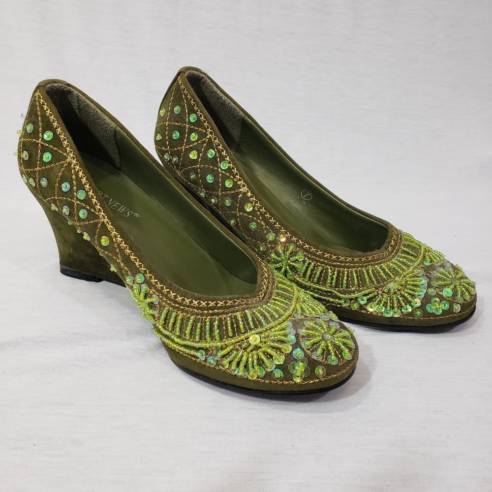 Newport News green embellished wedge shoes